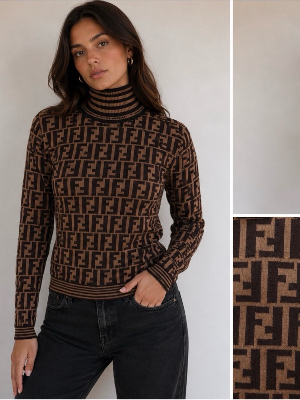 Vintage Fendi Brown & Black Zucca FF Monogram Logo Turtleneck Sweater S/M